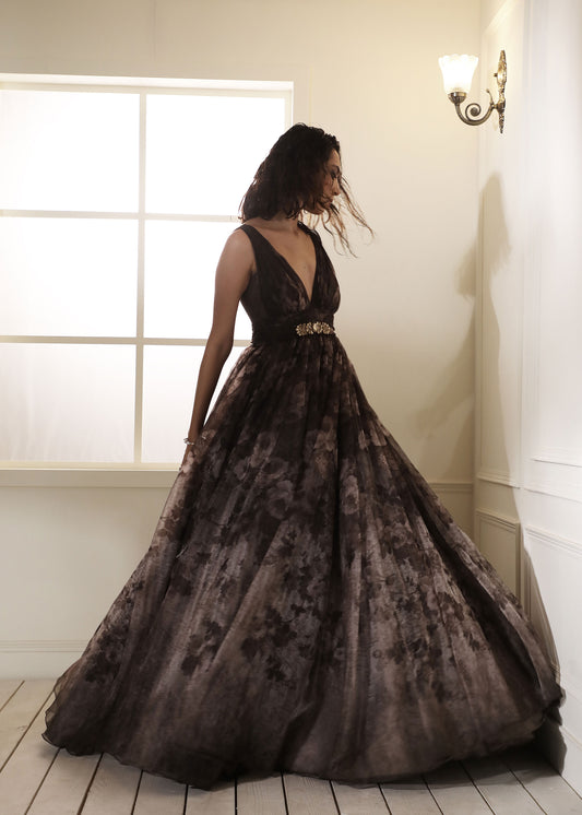 Floral and text print organza gown