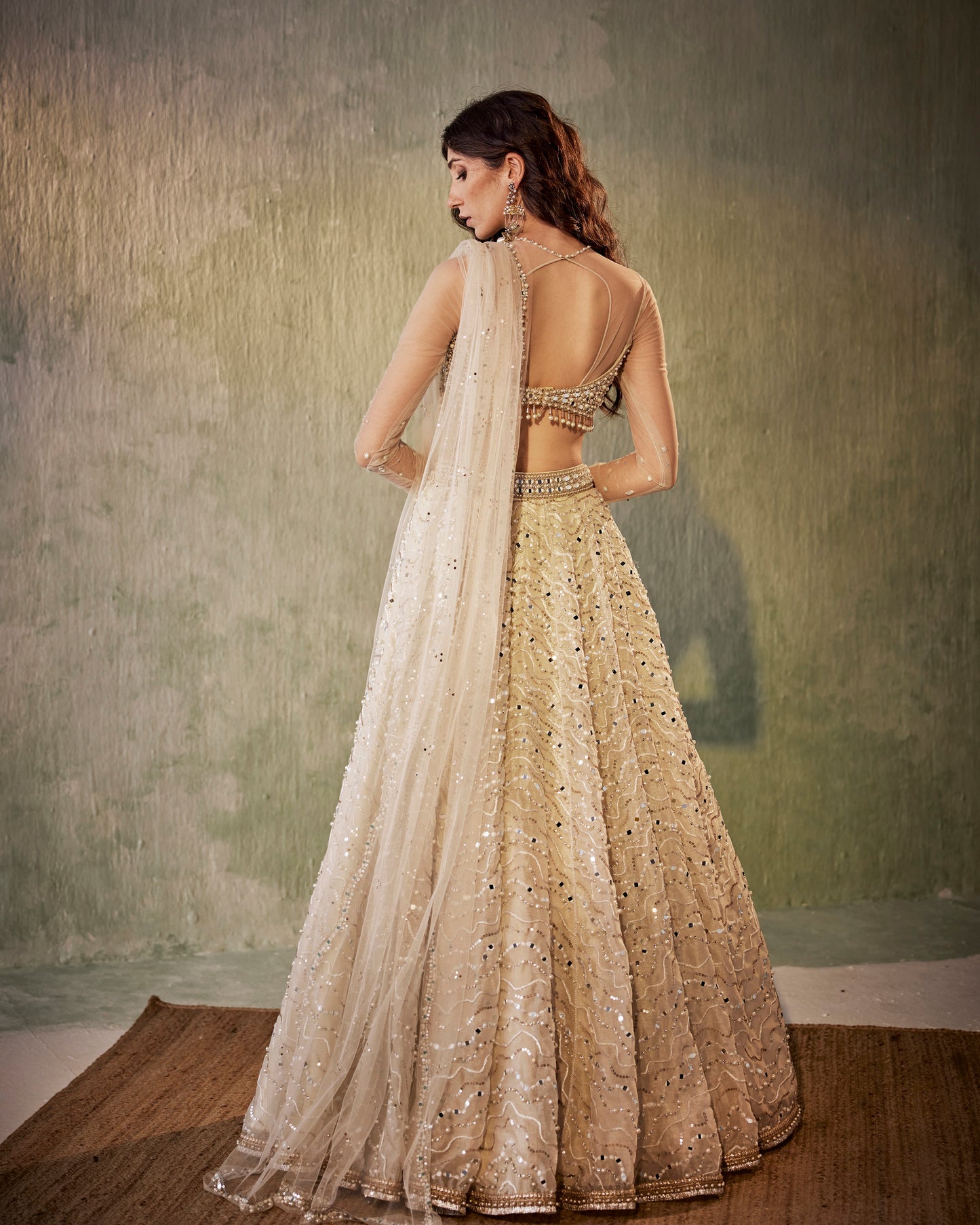 Ivory mirror waves lehenga with mirror embroidered blouse