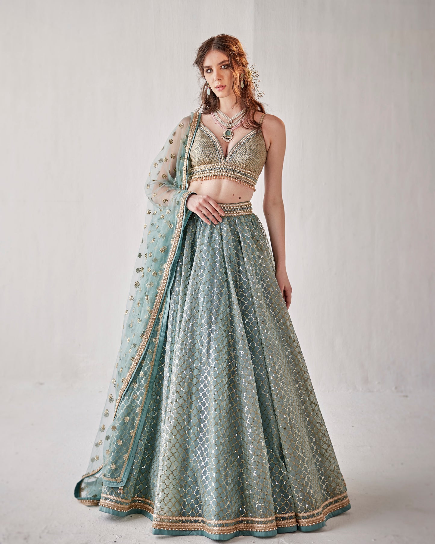 Konya blue organza lehenga with sequin embroidery