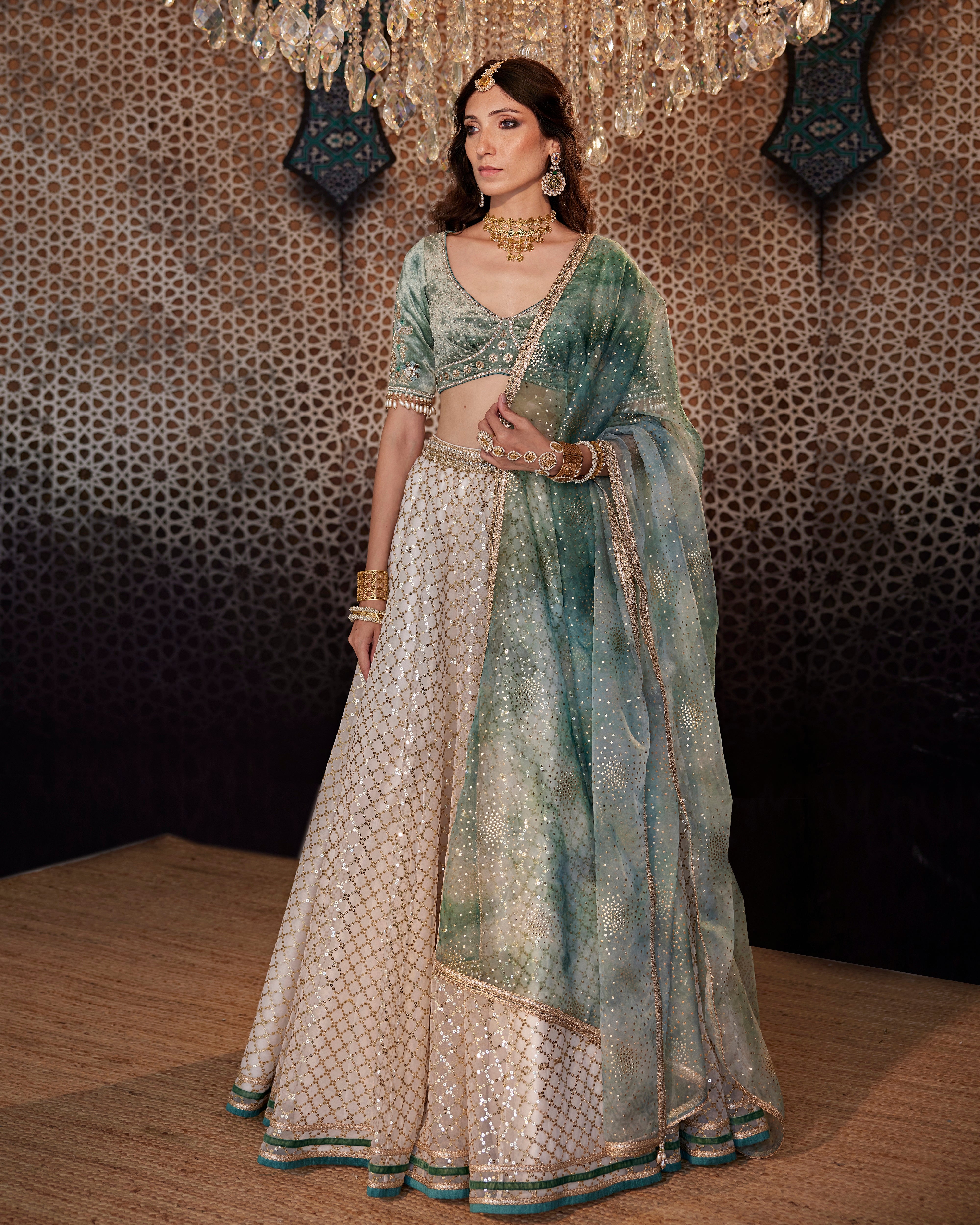 Ivory sequin grid lehenga