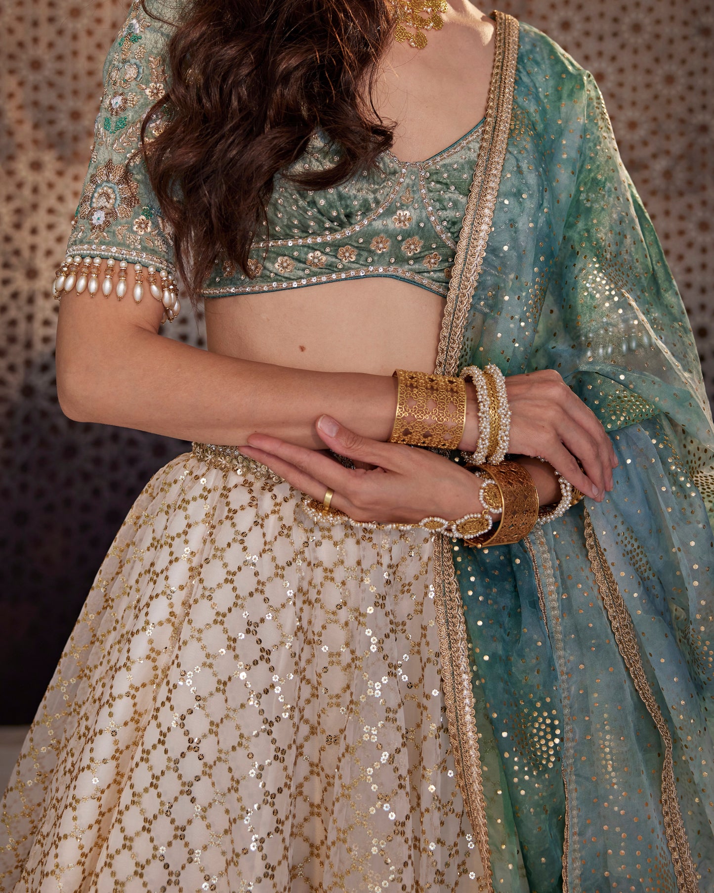 Ivory sequin grid lehenga