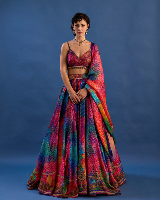 Woman wearing a colorful traditional outfit against a blue background