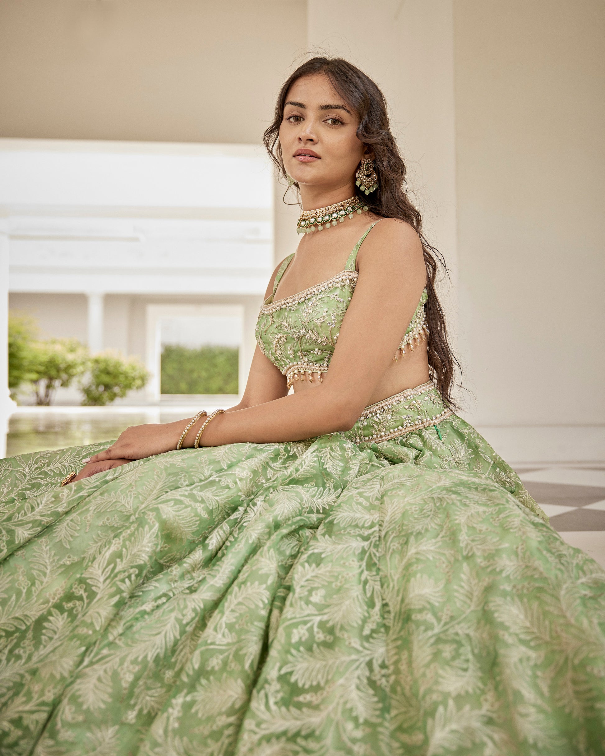 Mint green leaves organza lehenga | Cedar & Pine Mint green leaves organza lehenga | Cedar & Pine