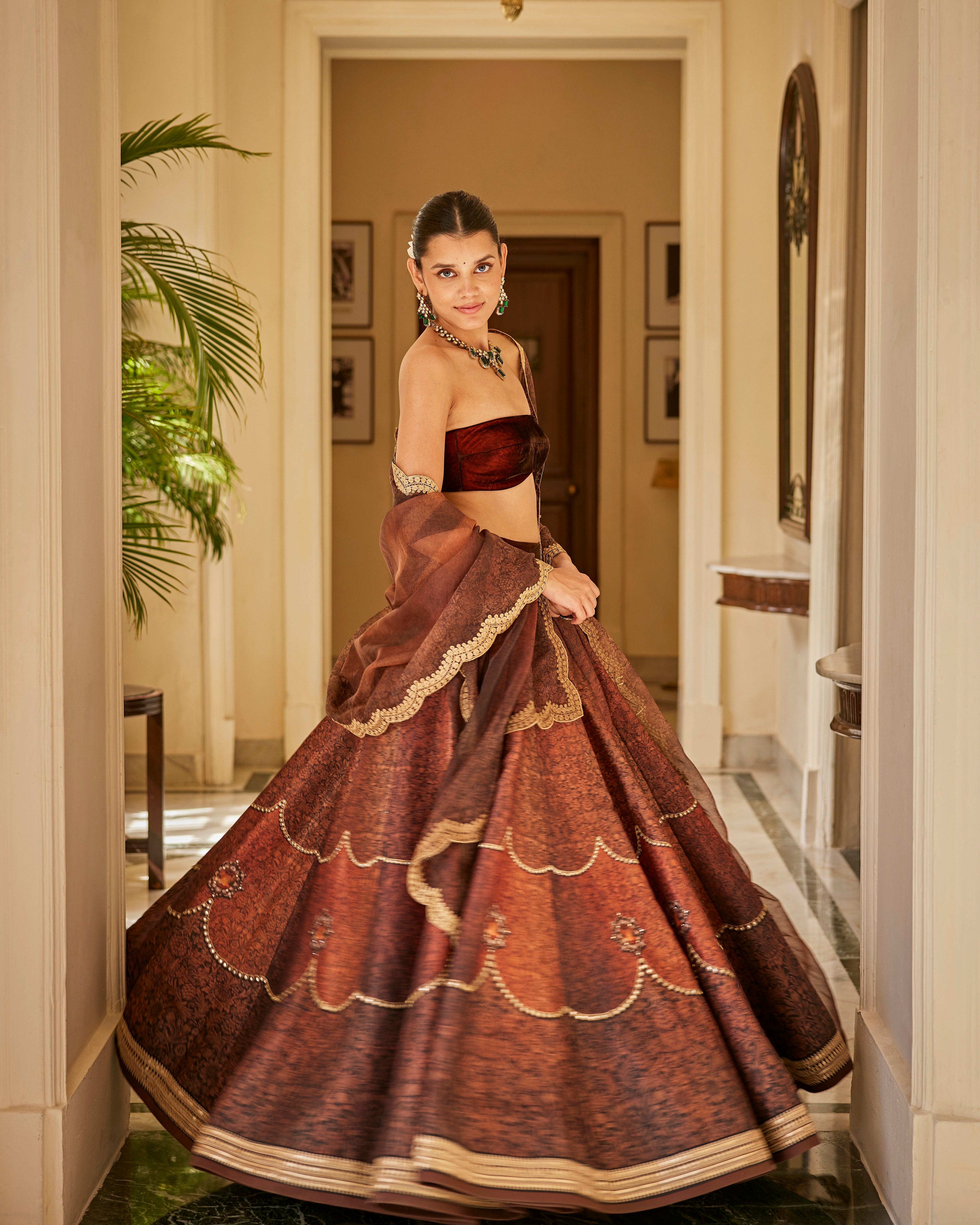 Designer Brown Color Crop Top Lehenga For Bride Sister • Anaya Designer  Studio | Sarees, Gowns And Lehenga Choli