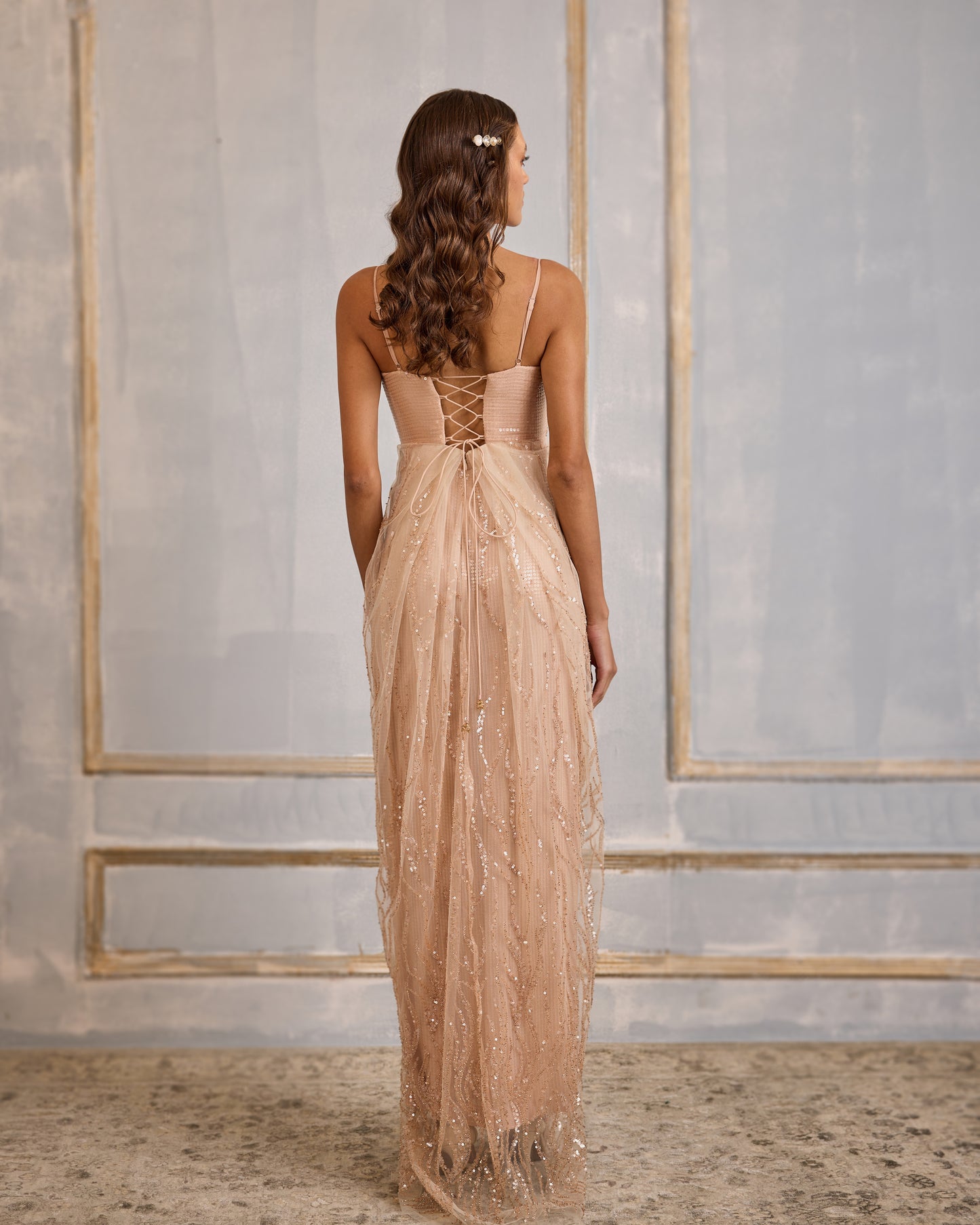 Nude draped column gown