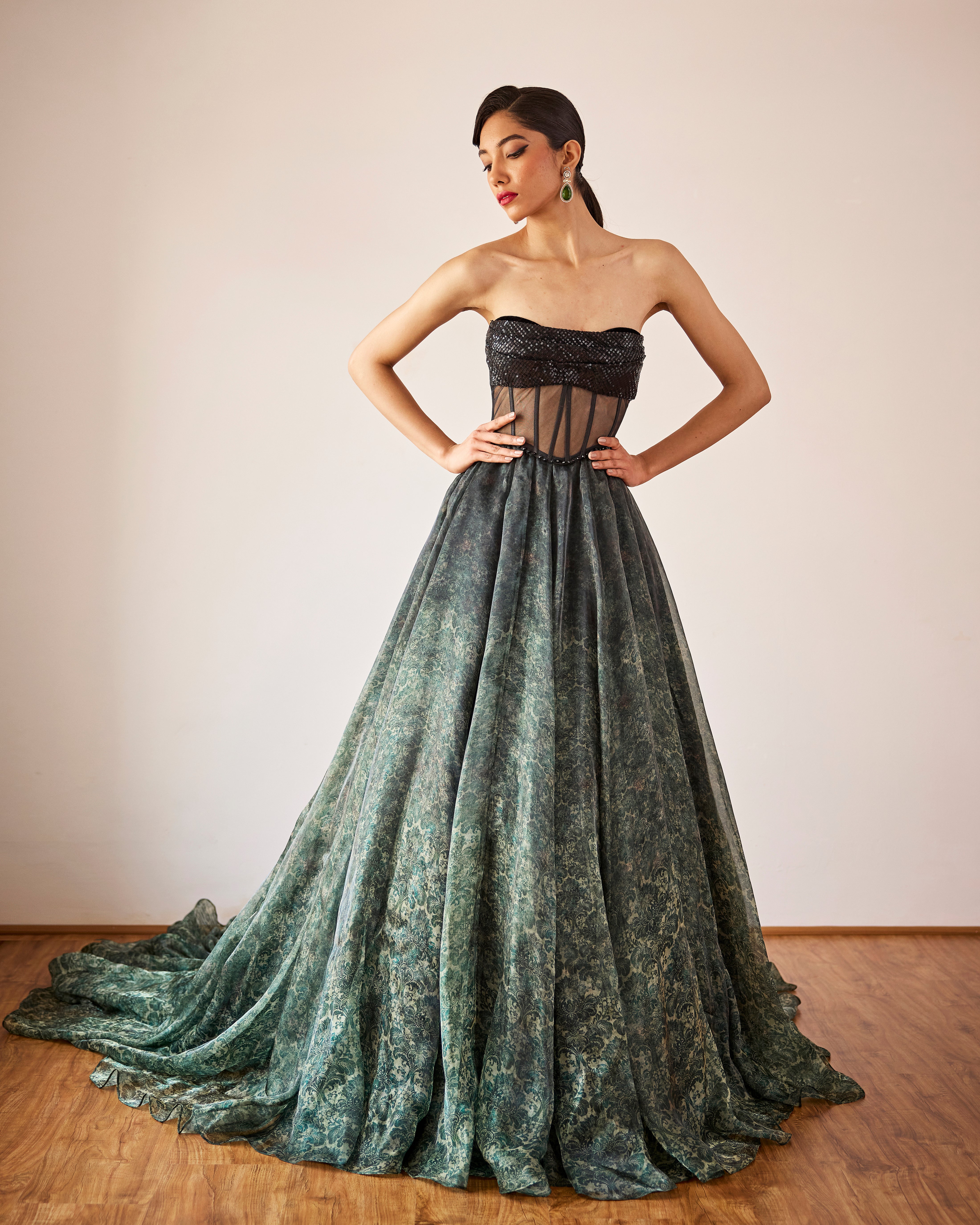Victorian Moss Green Print Gown