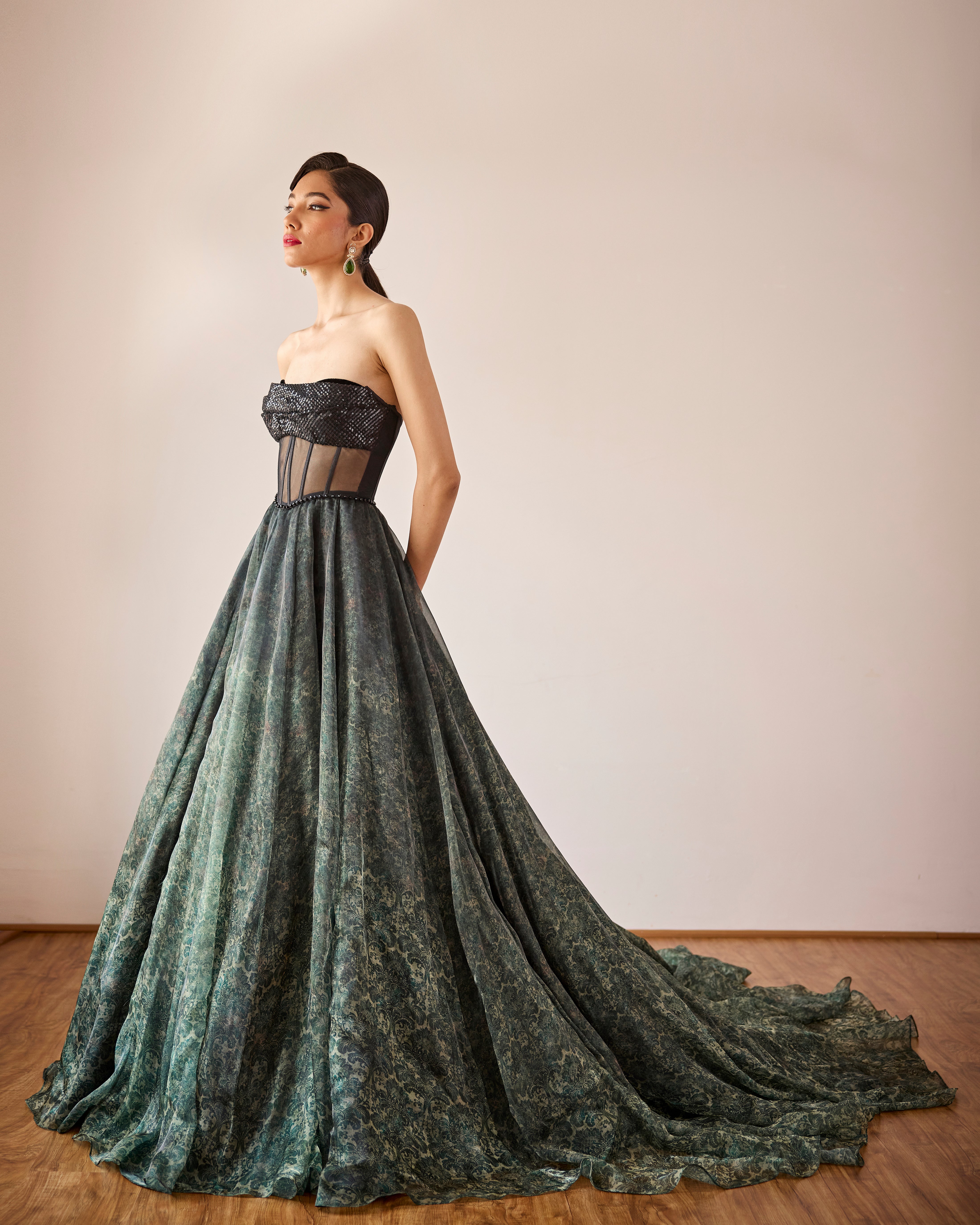 Victorian Moss Green Print Gown