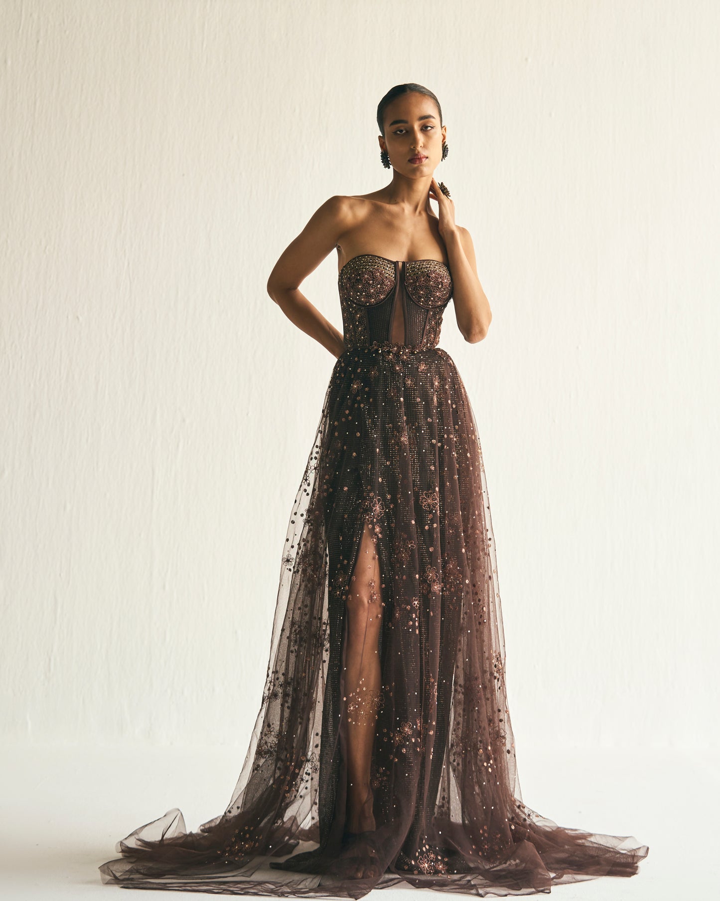 Cosmic brown embroidered tulle gown
