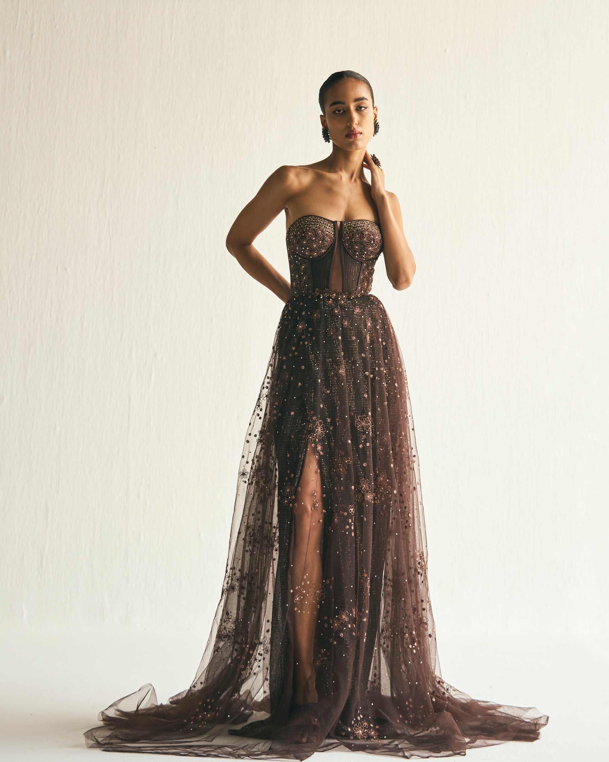 Cosmic brown embroidered tulle gown | Cedar & Pine Cosmic brown embroidered tulle gown | Cedar & Pine