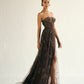 Cosmic brown embroidered tulle gown