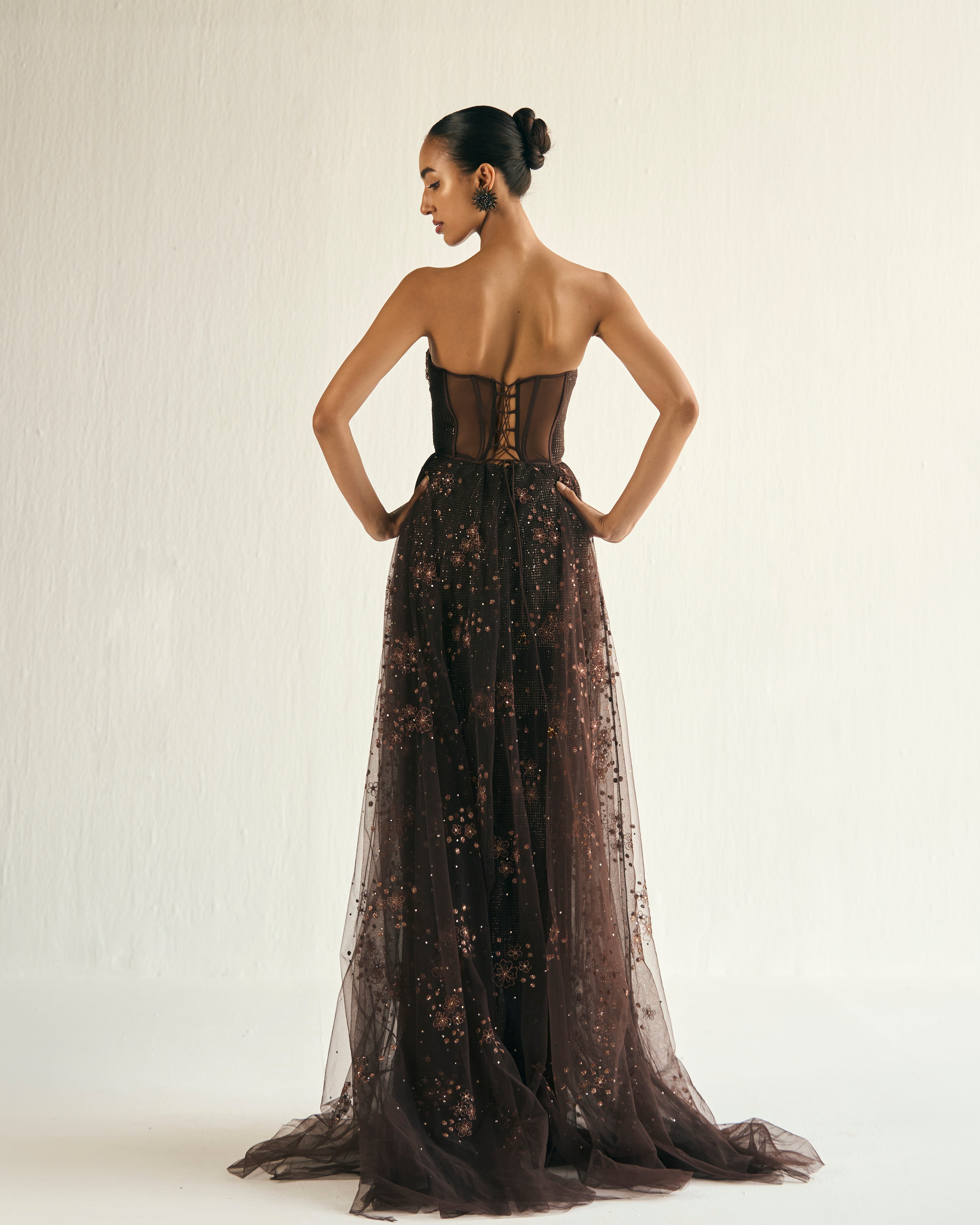 Cosmic brown embroidered tulle gown