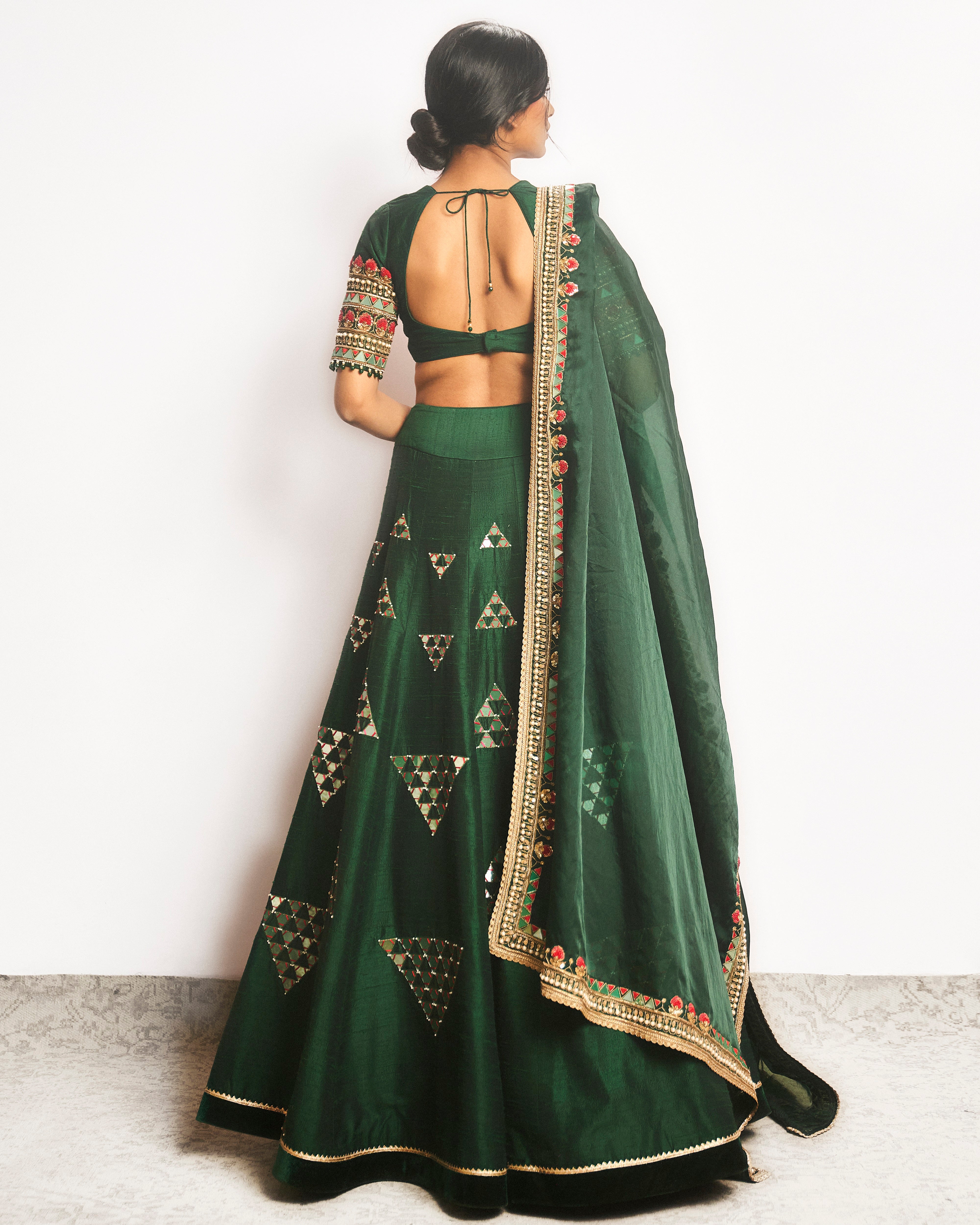 Forest green mirror embroidered lehenga
