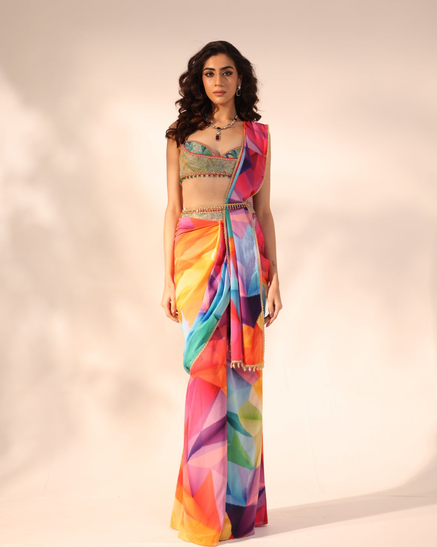 Kaleidoscope print drape saree