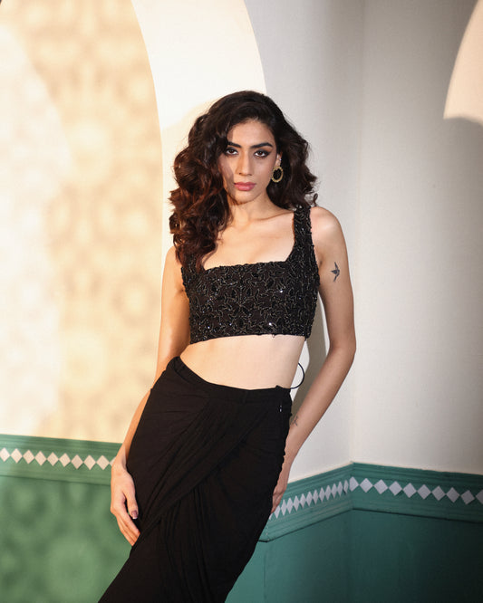 Black drape saree with embroidered blouse