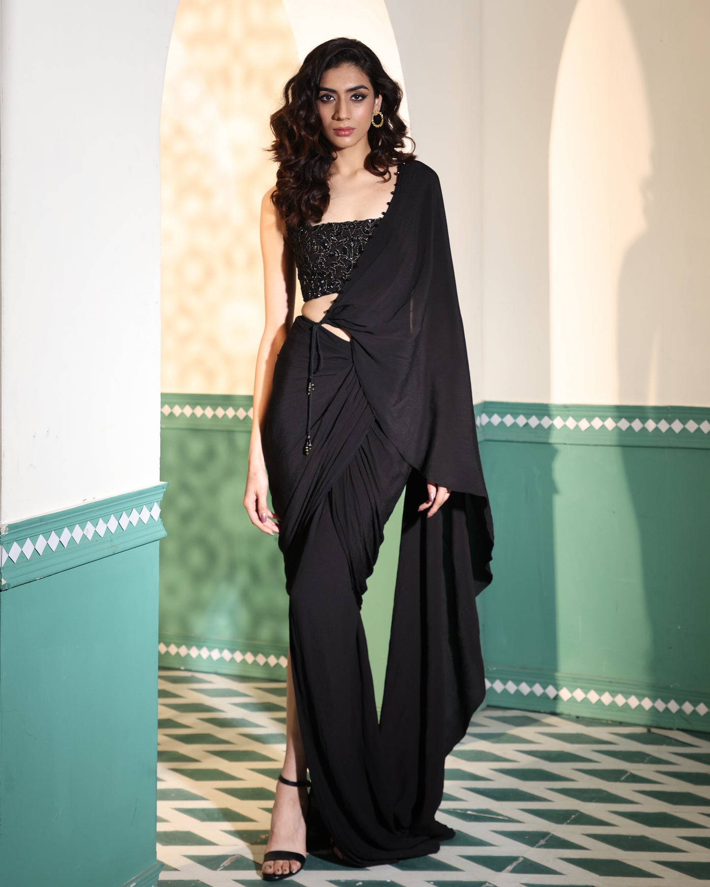 Black drape saree with embroidered blouse