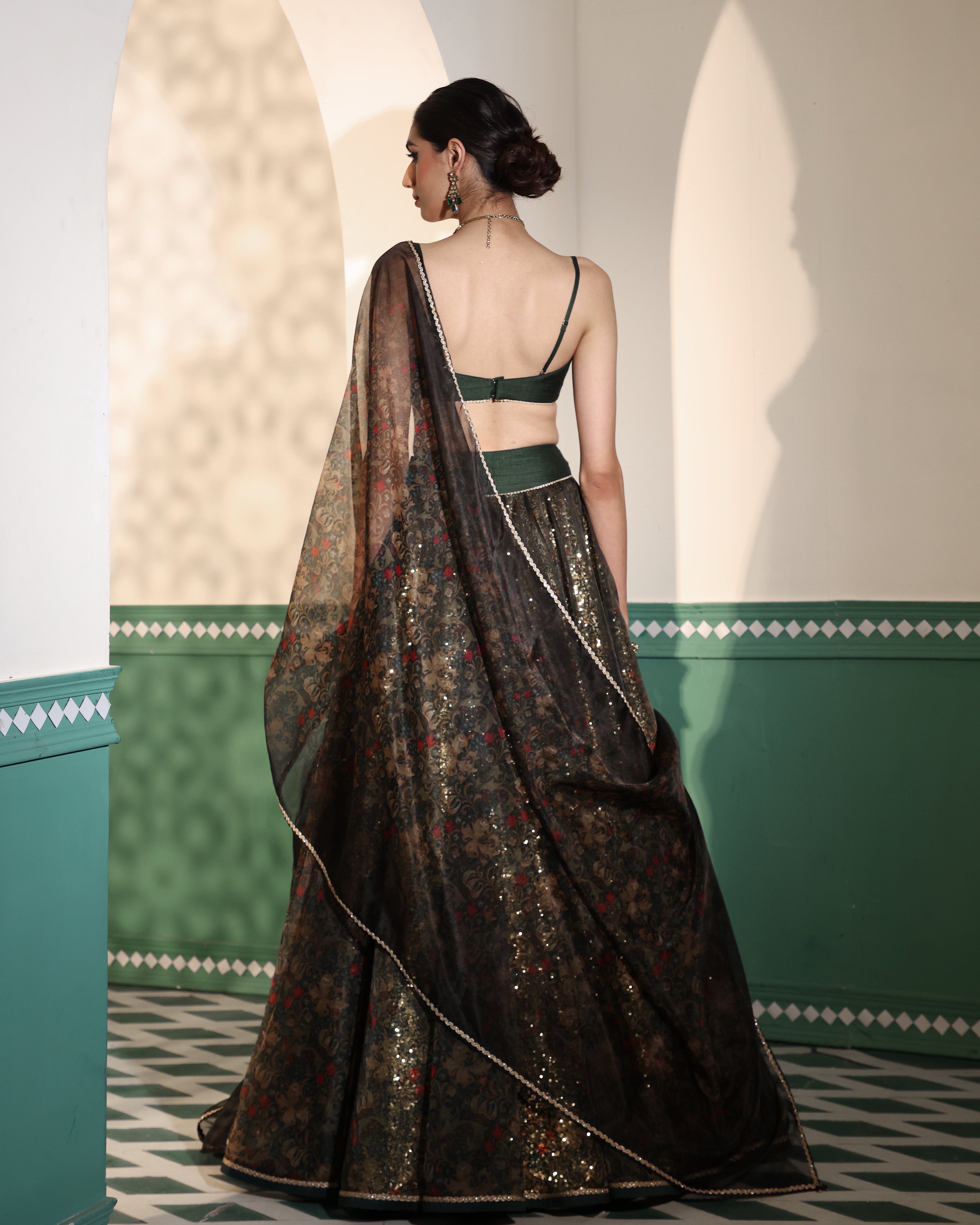 Enchanted forest printed organza lehenga