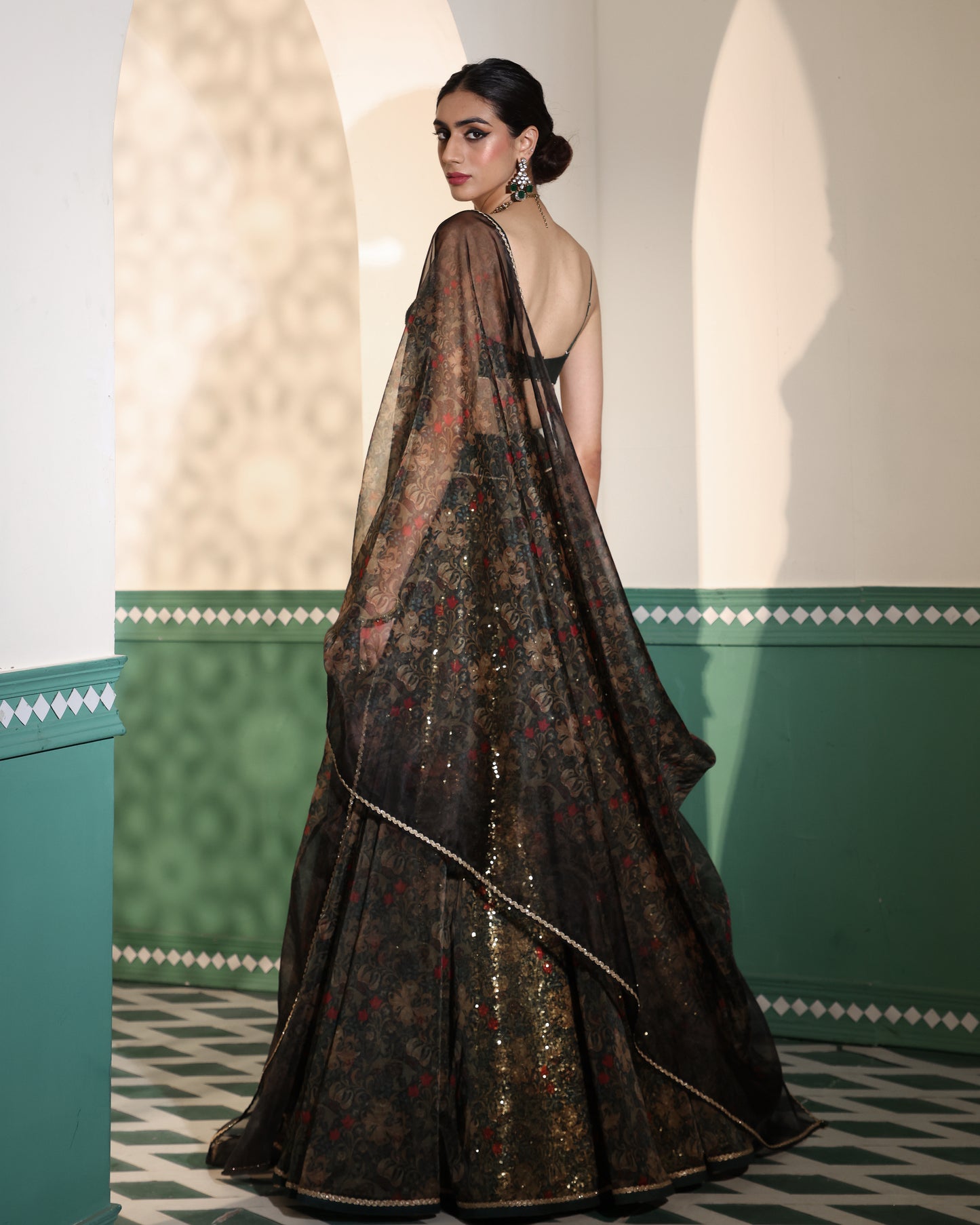 Enchanted forest printed organza lehenga