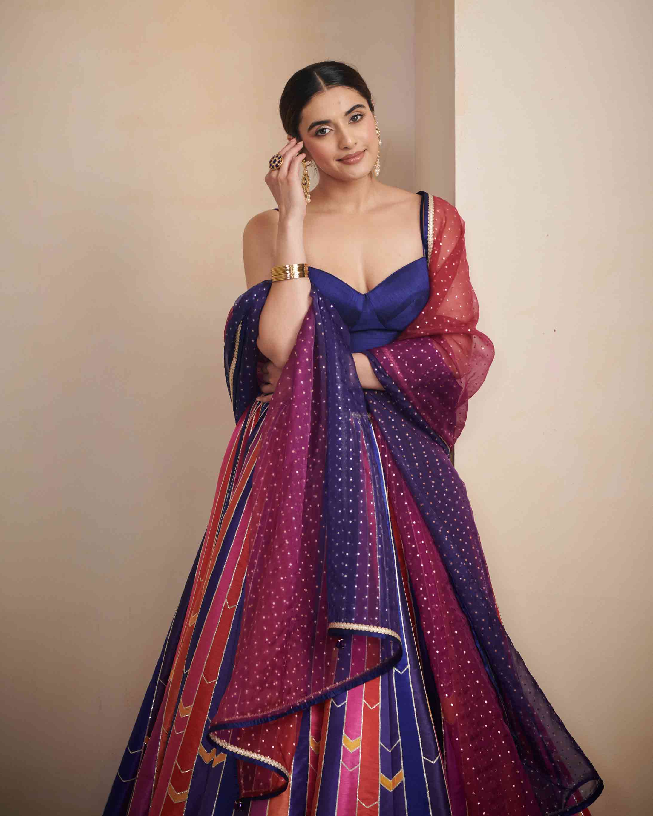 Multi colour stripe print lehenga