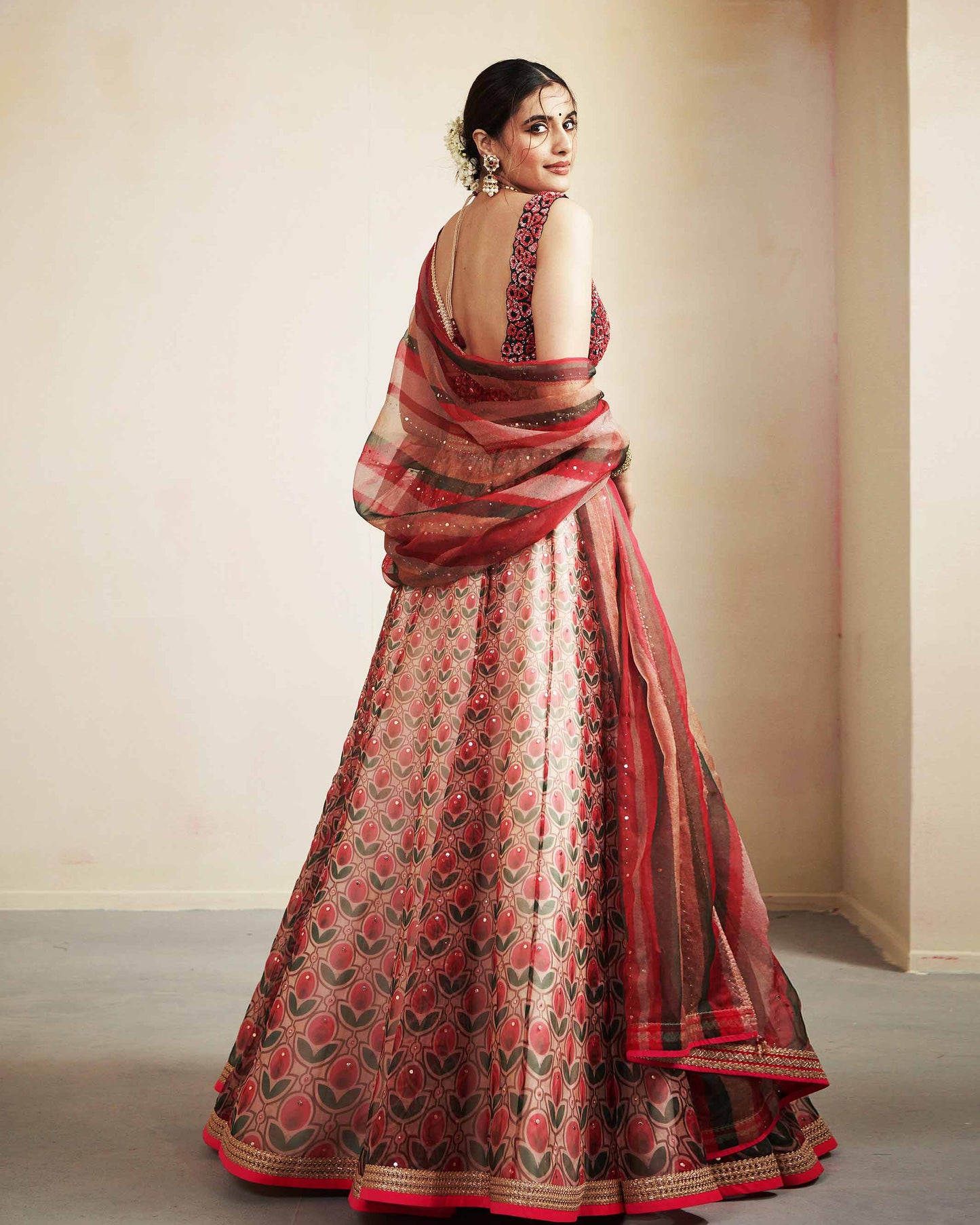 Printed organza lehenga with embroidered blouse