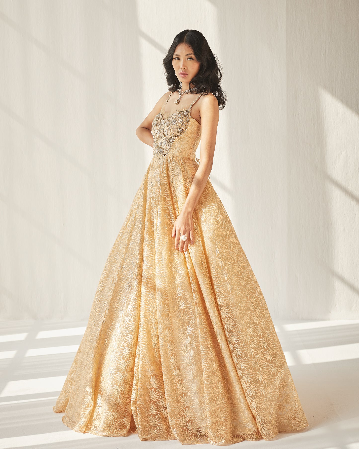 Yellow embroidered tulle gown