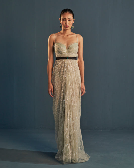 Draped column embroidered tulle gown