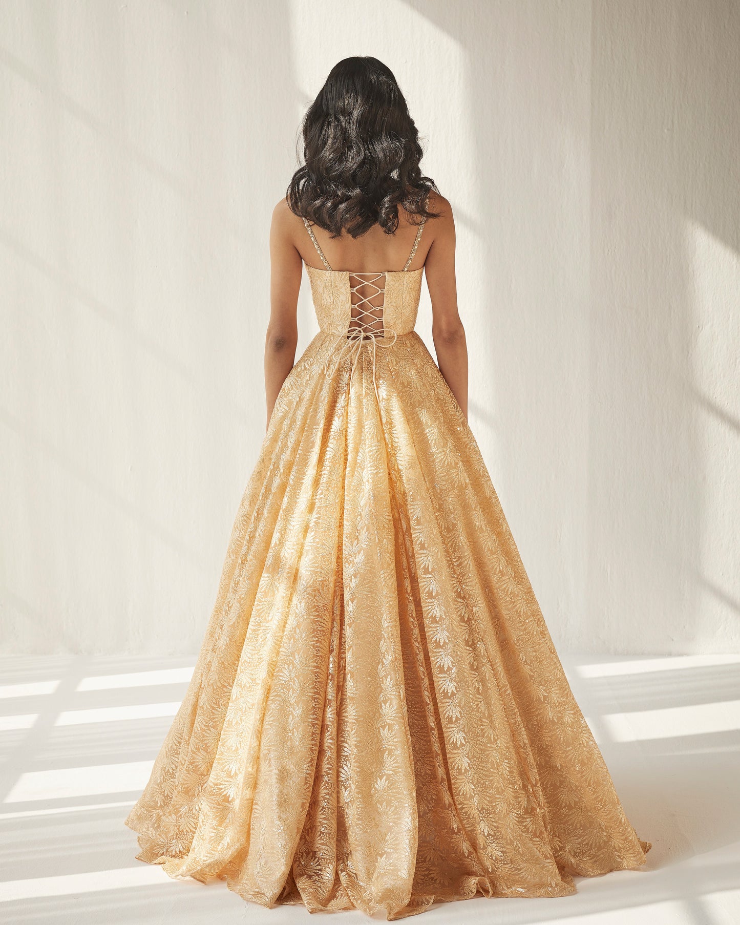 Yellow embroidered tulle gown