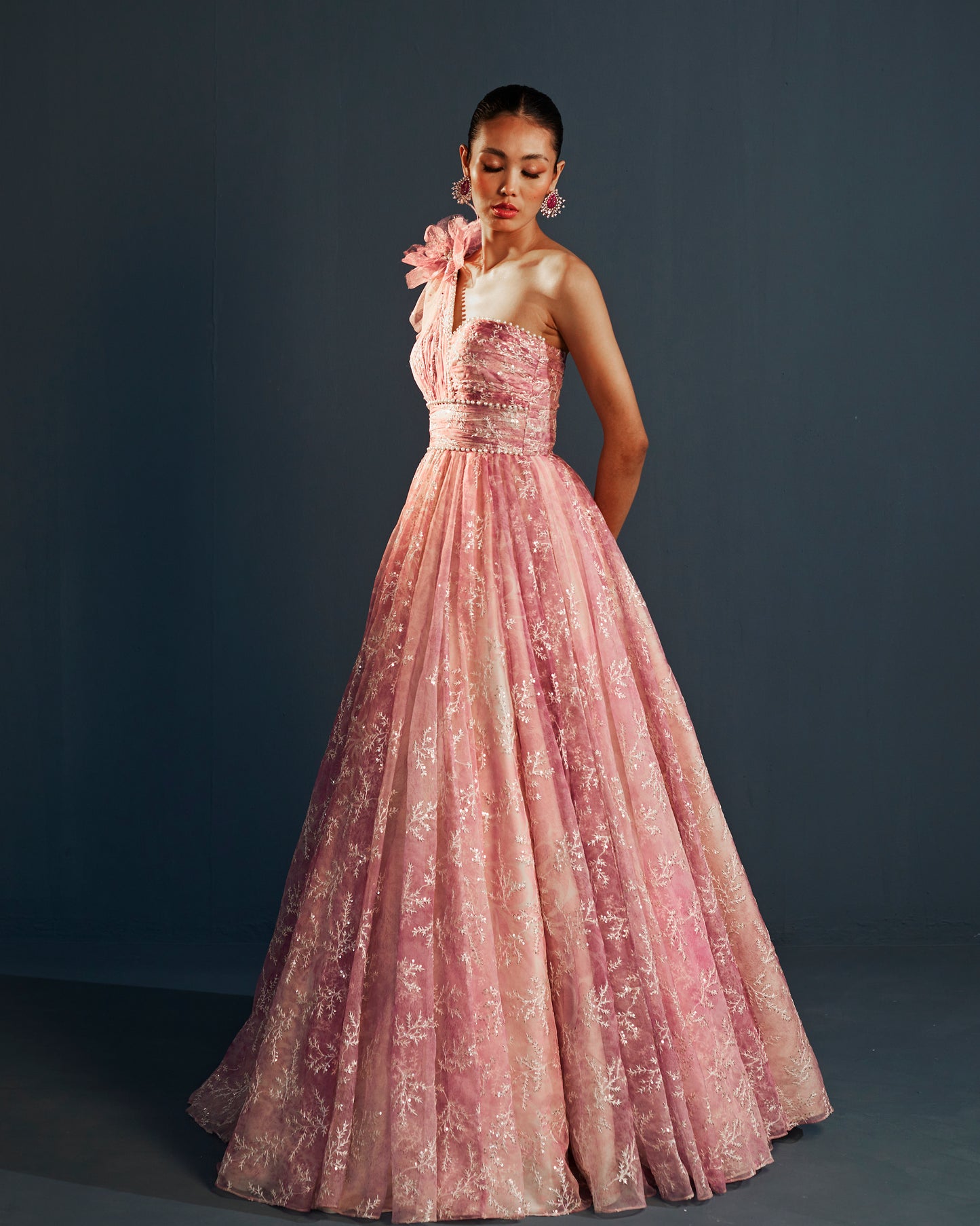 Pink one shoulder embroidered organza gown