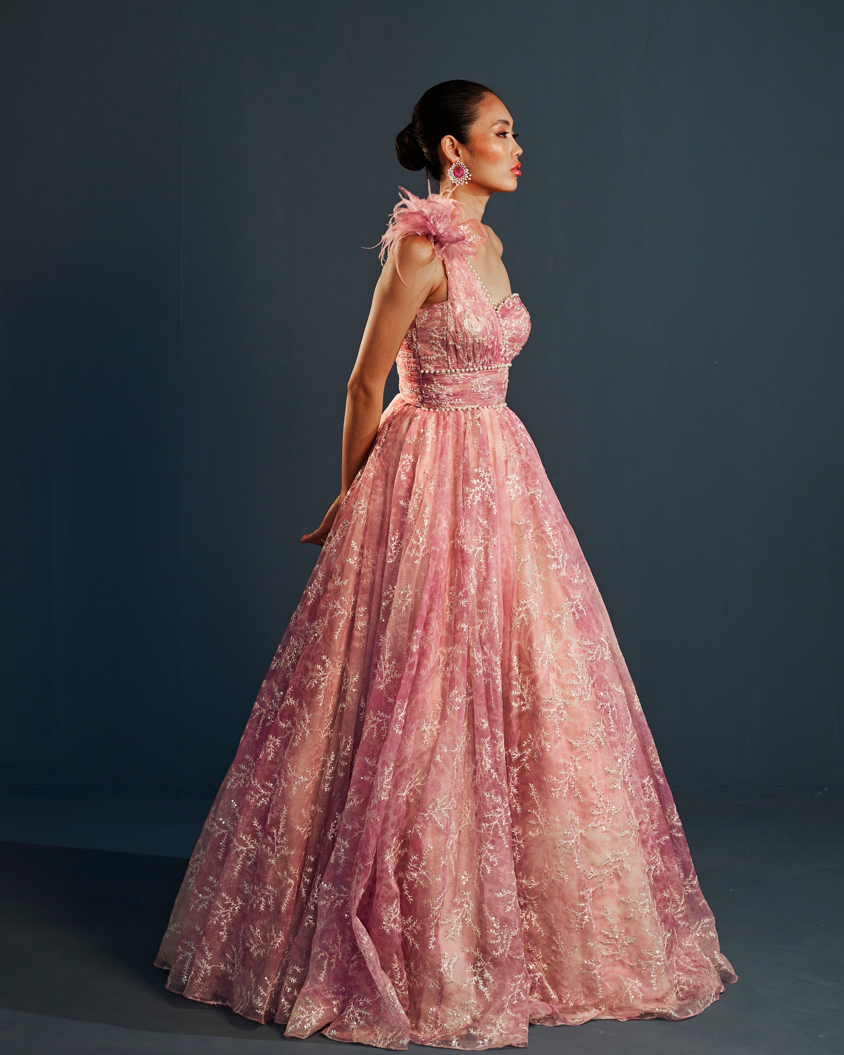 Pink one shoulder embroidered organza gown