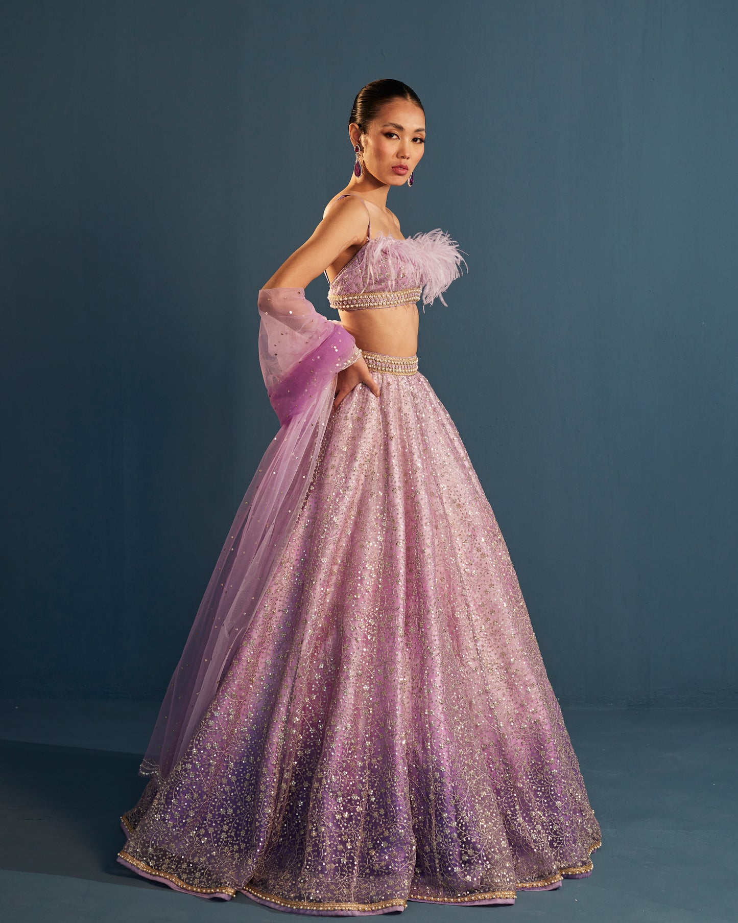 Lilac sequin embroidered tulle lehenga