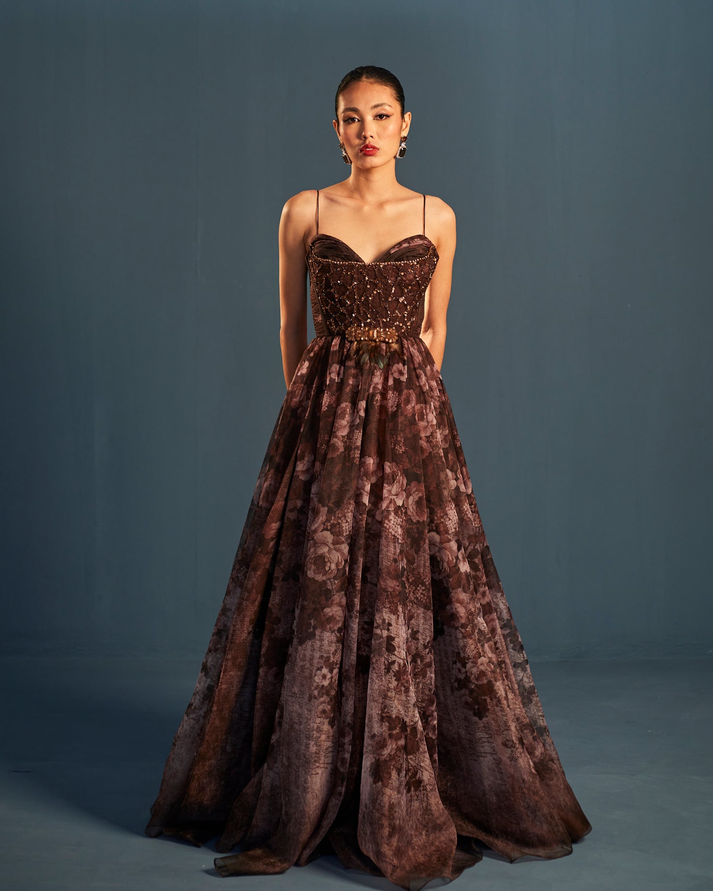 Floral print organza gown with embroidered bodice