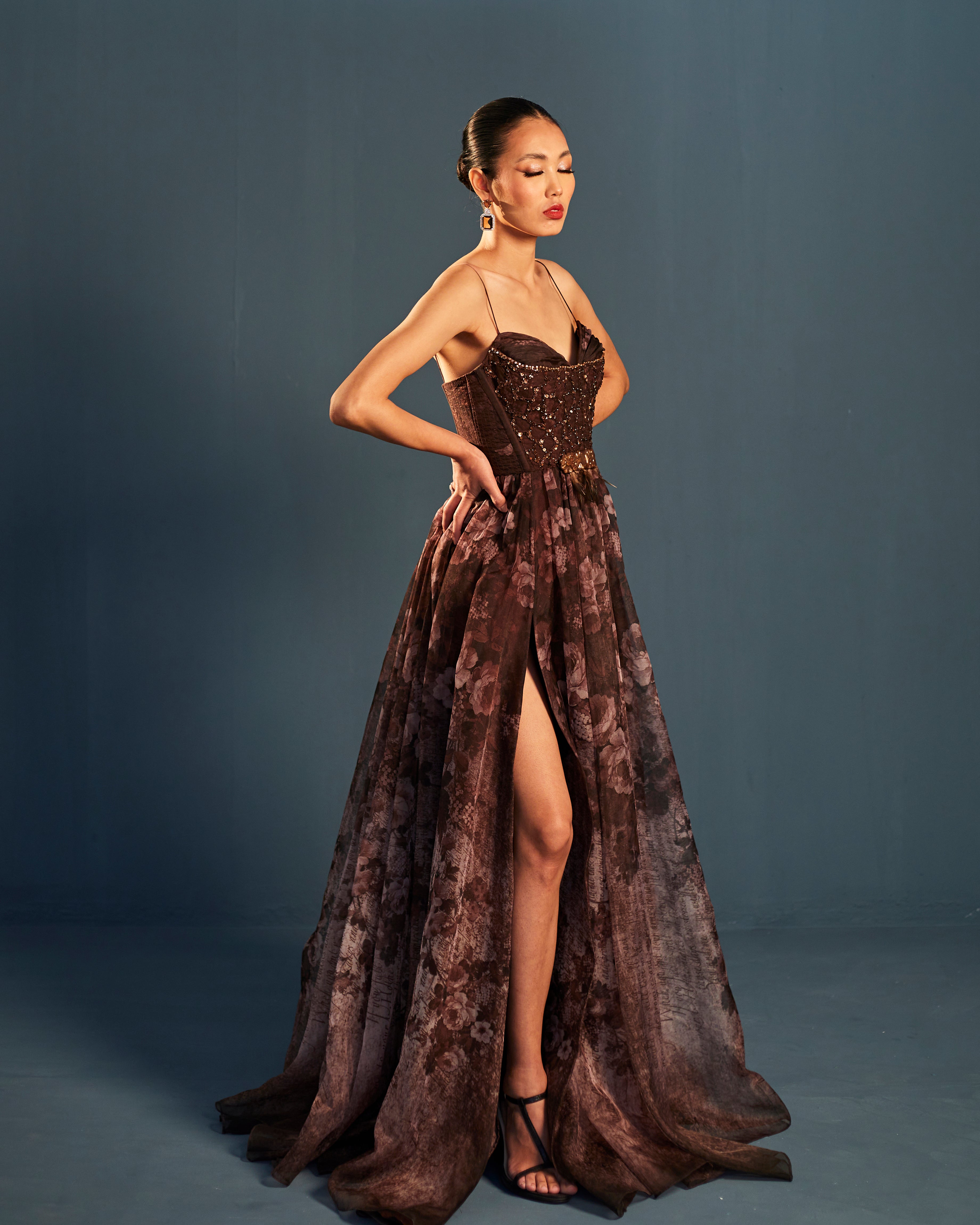 Floral print organza gown with embroidered bodice
