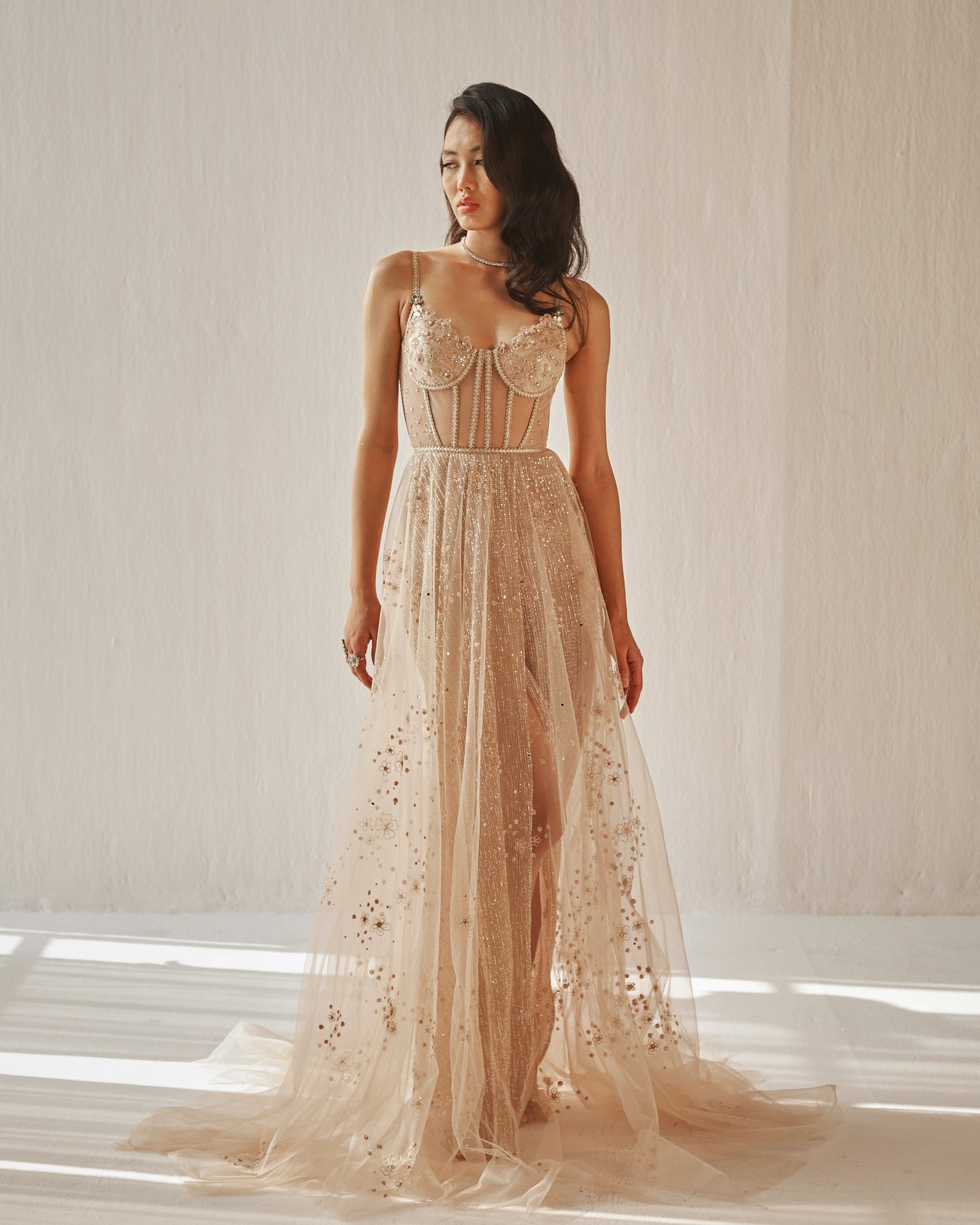 Nude embroidered tulle gown