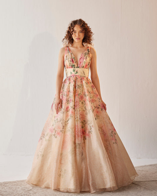 Versailles ivory floral print evening gown