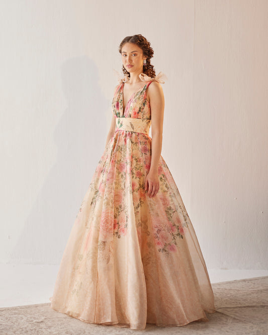 Versailles ivory floral print evening gown