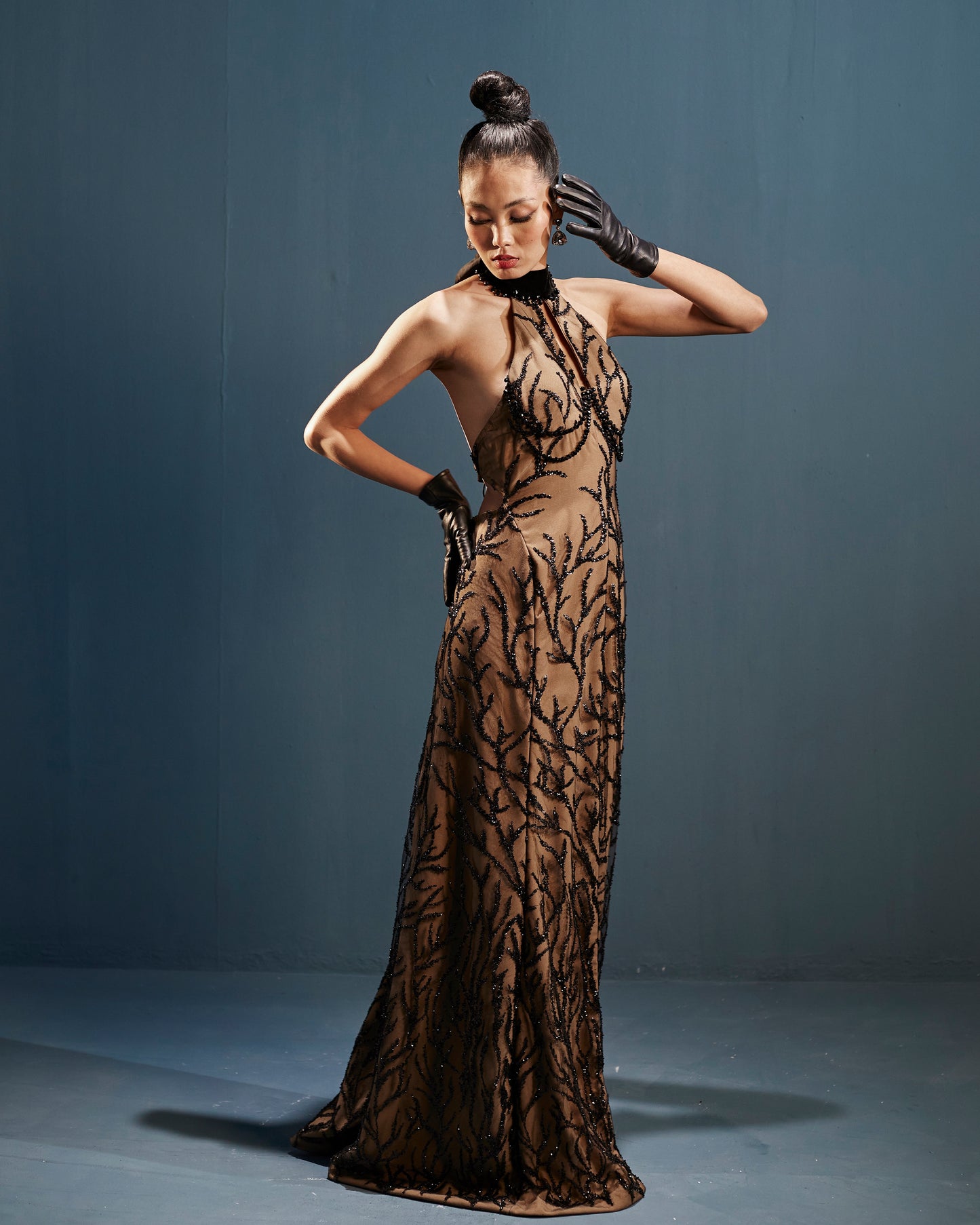 Black embroidered tulle halter neck gown