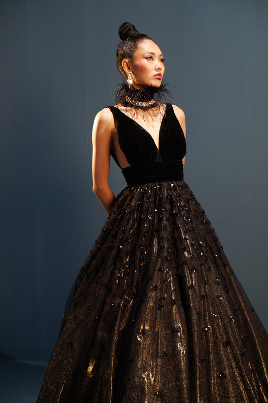 Black embroidered tulle gown
