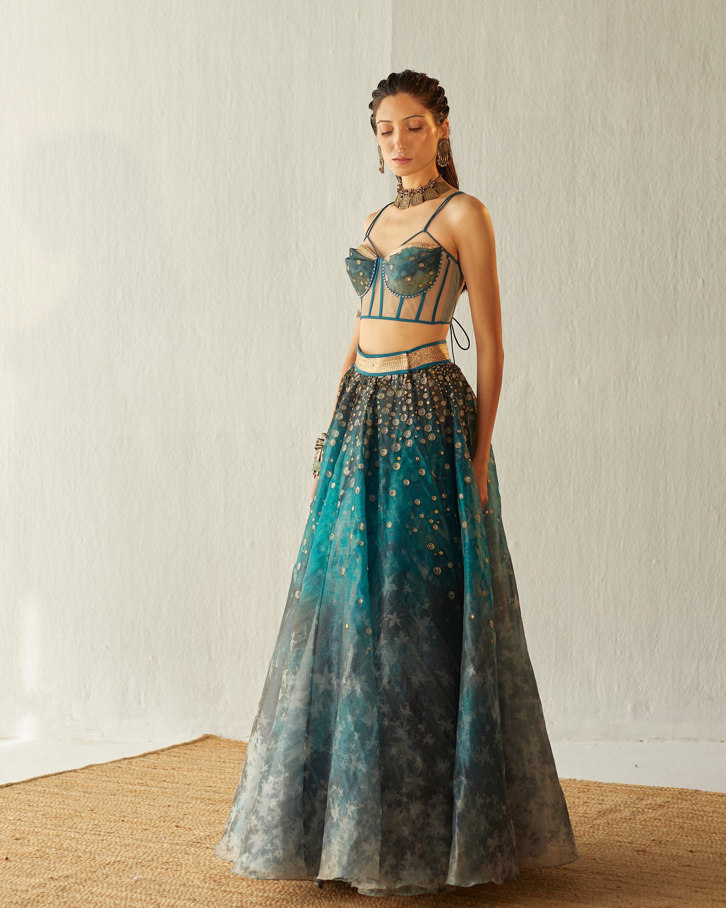 Shimmering waters wrap skirt with tulle corset