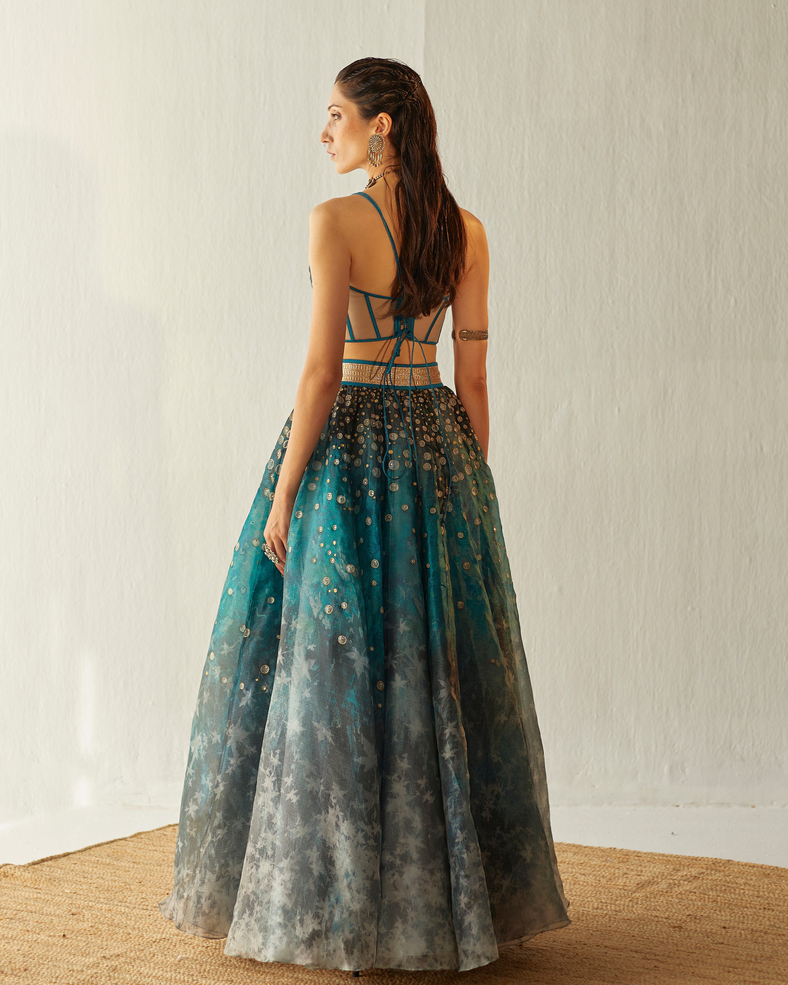 Shimmering waters wrap skirt with tulle corset