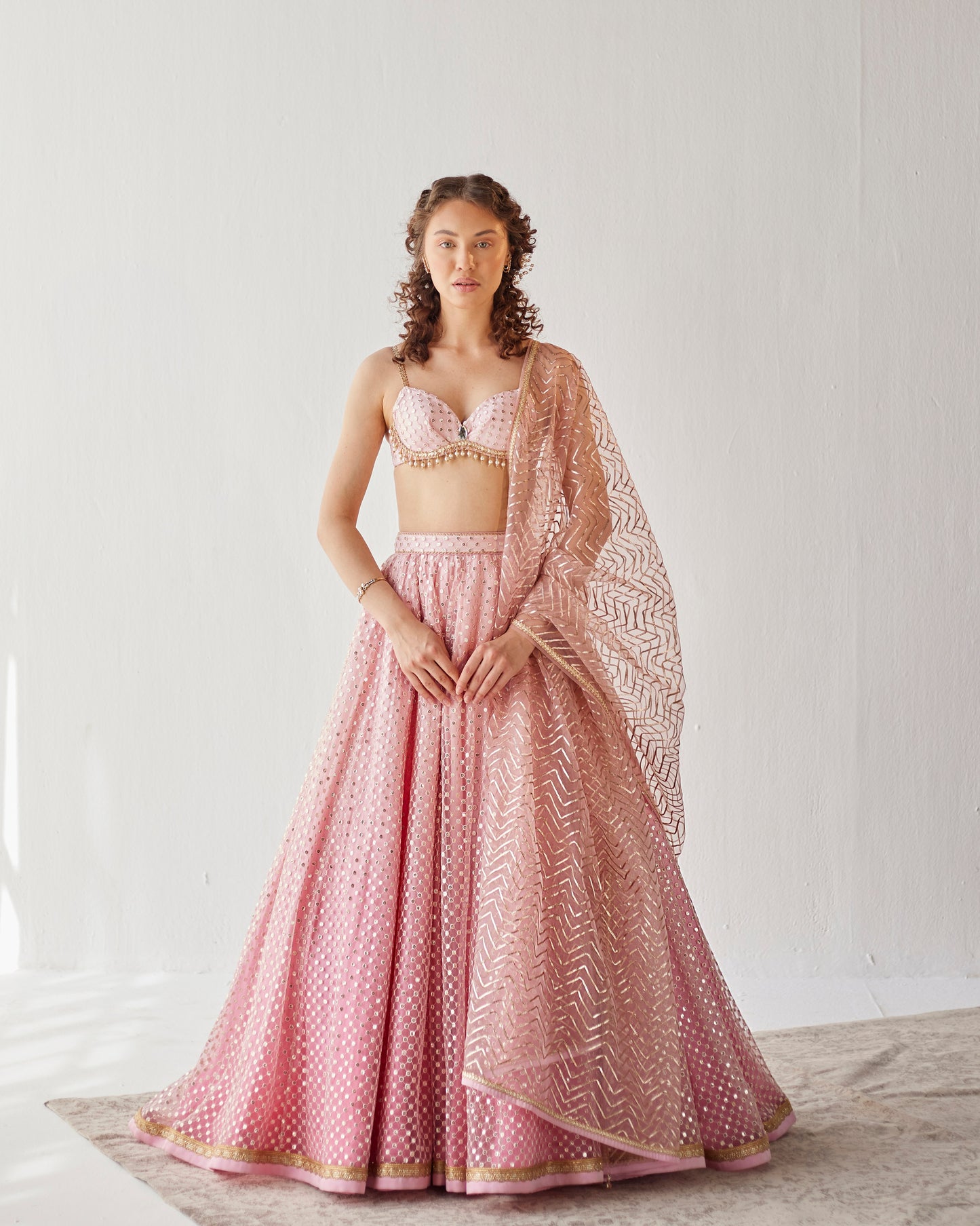 Petal pink shaded tulle lehenga