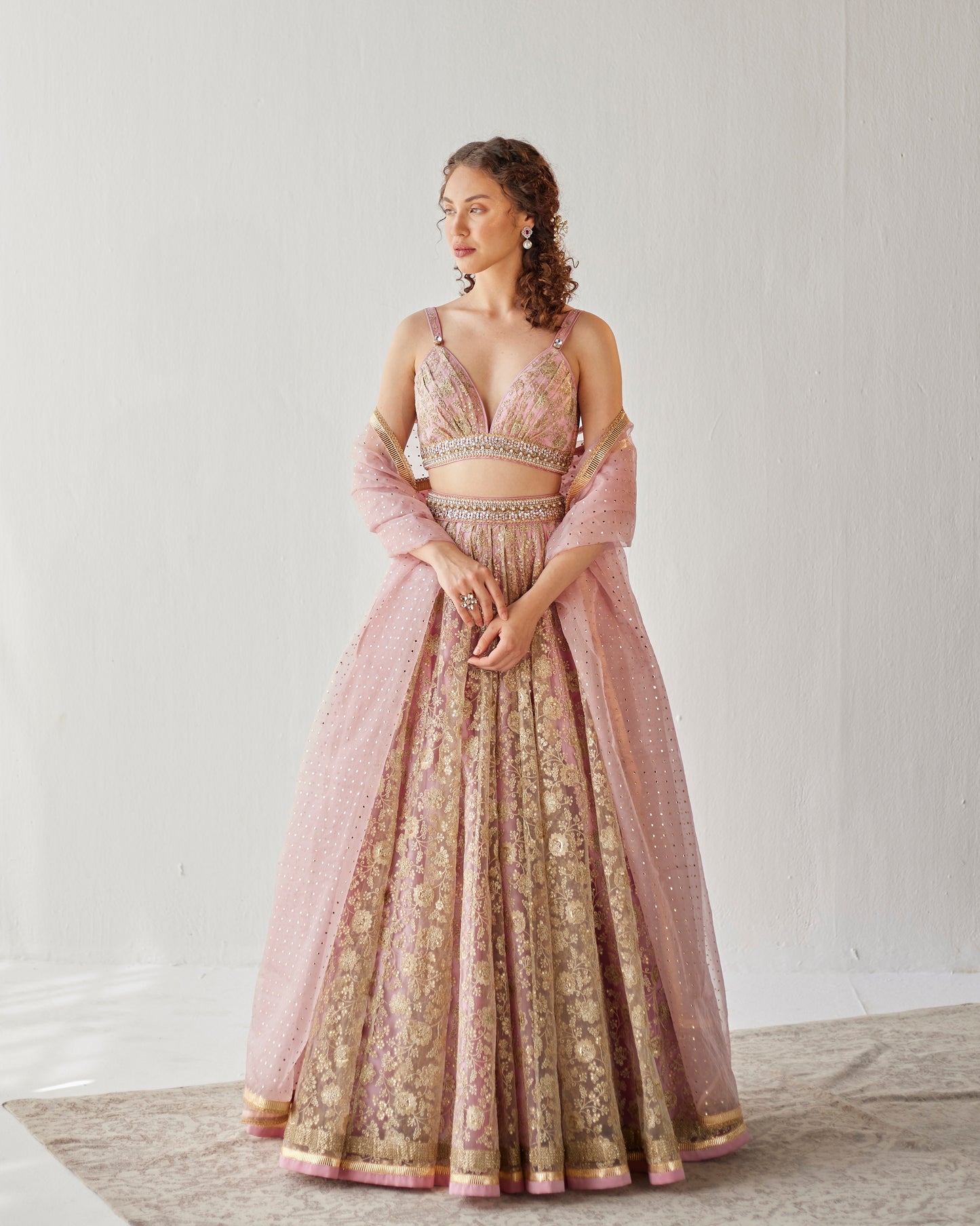 Gold and blush embroidered tulle lehenga