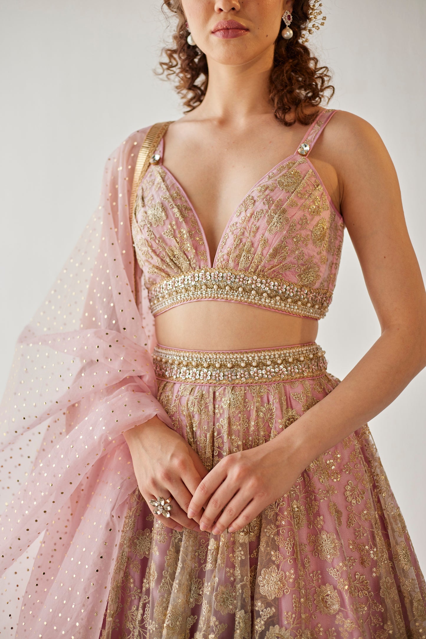 Gold and blush embroidered tulle lehenga