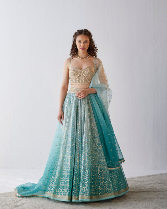 Shaded aqua organza lehenga
