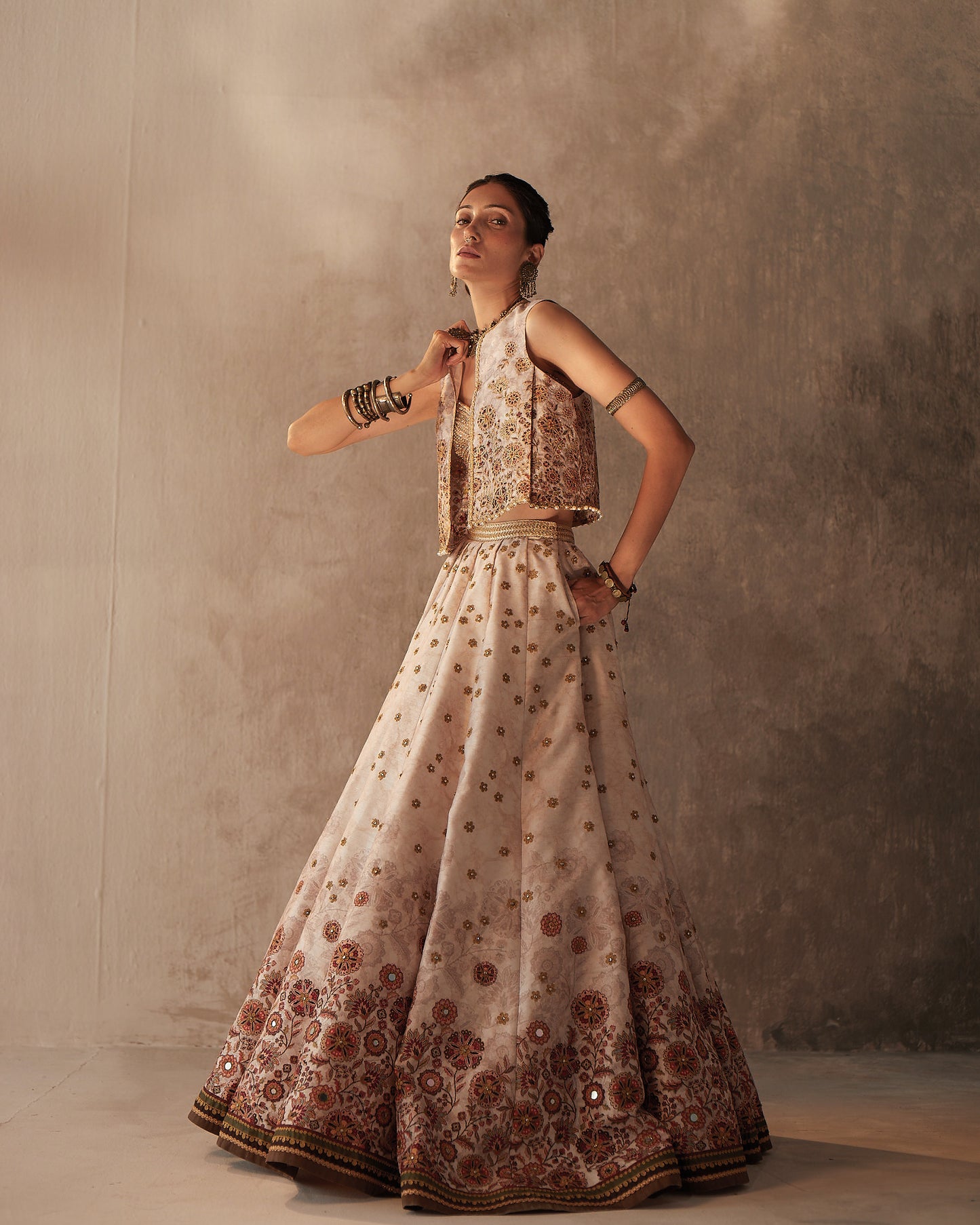 Floral spray lehenga with embroidered gilet