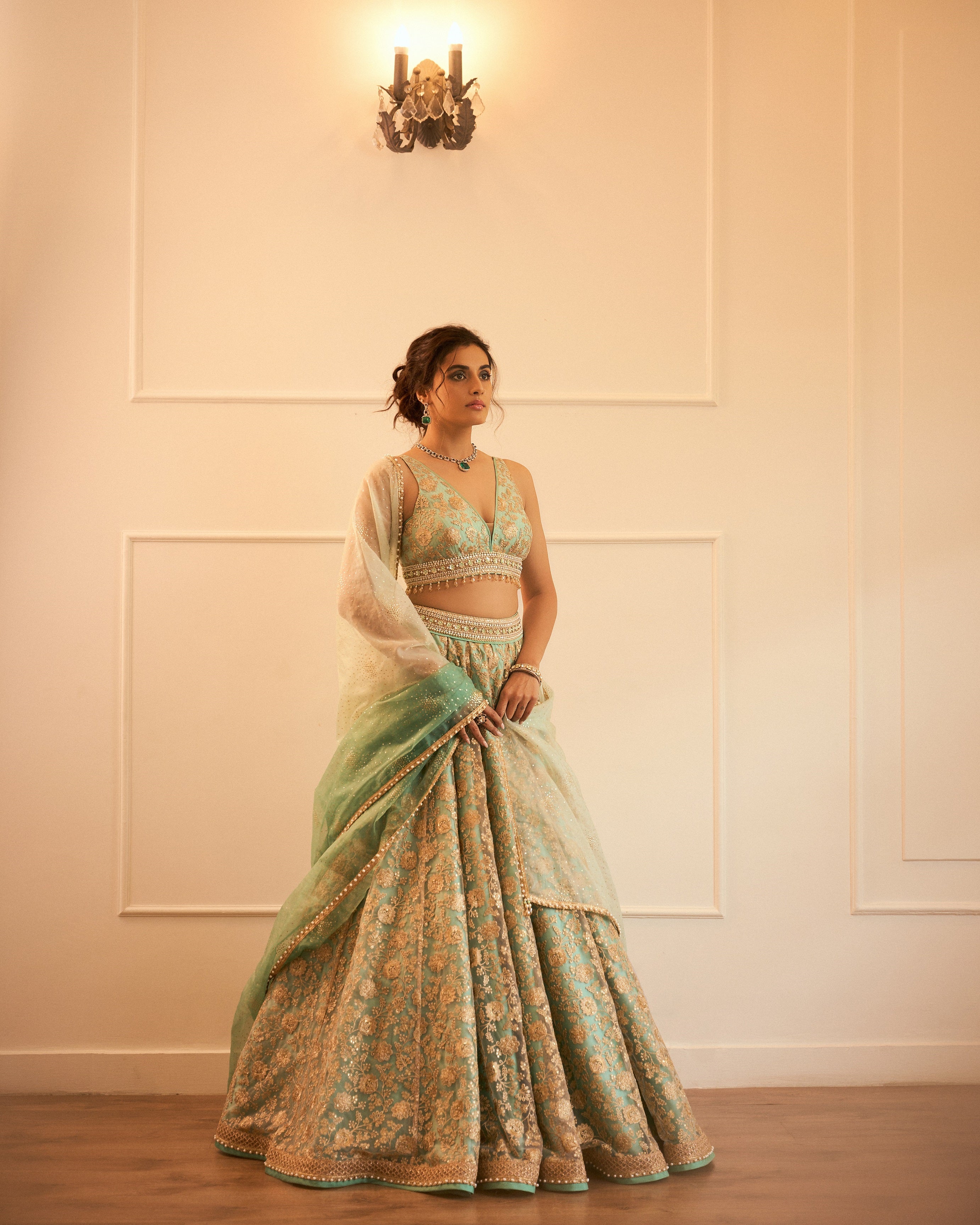 Gold Embroidered Tulle Lehenga Cedar And Pine