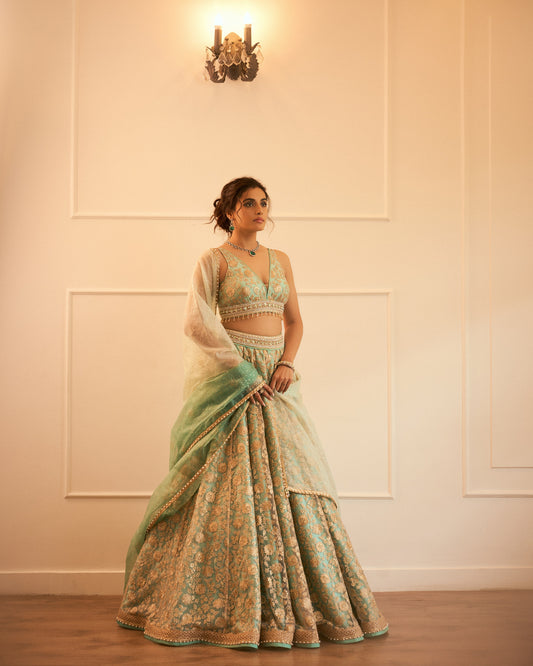 Gold embroidered tulle lehenga