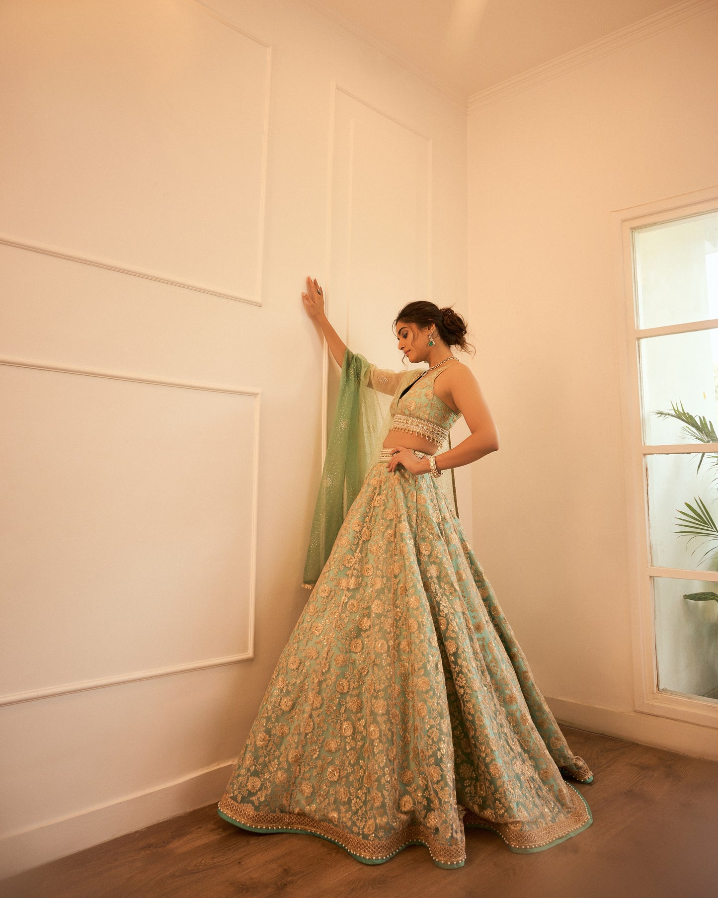 Gold embroidered tulle lehenga