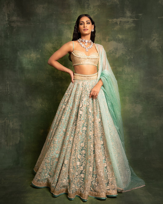 Jade and gold embroidered tulle lehenga