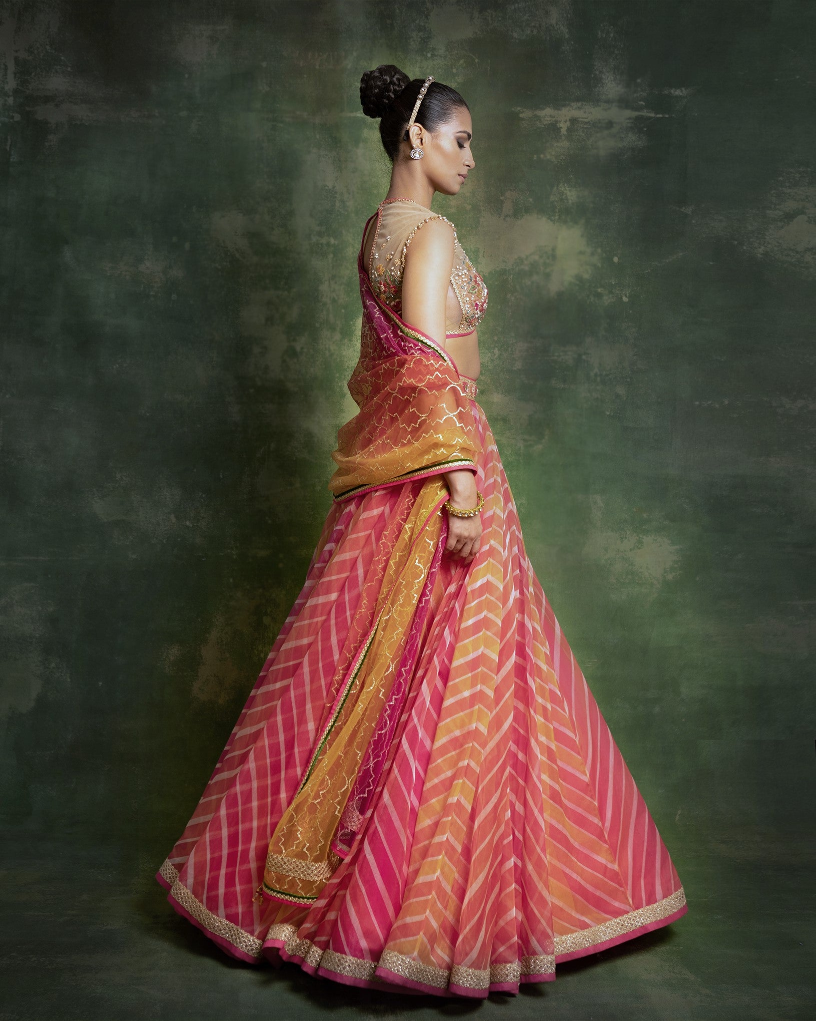Multicolor “leheriya” print organza lehenga