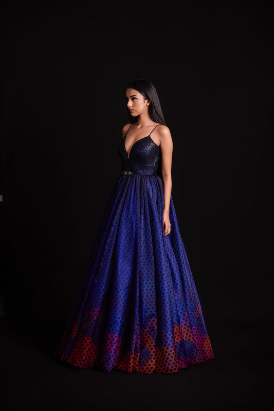 Polka dot print organza gown with sequin embroidery