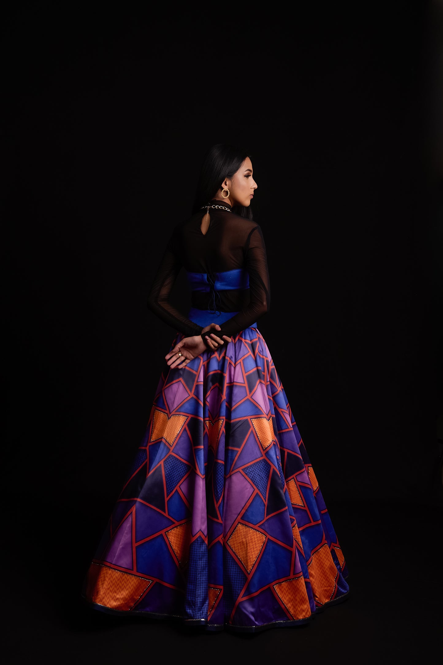 Mosaic print satin lehenga with suede bustier